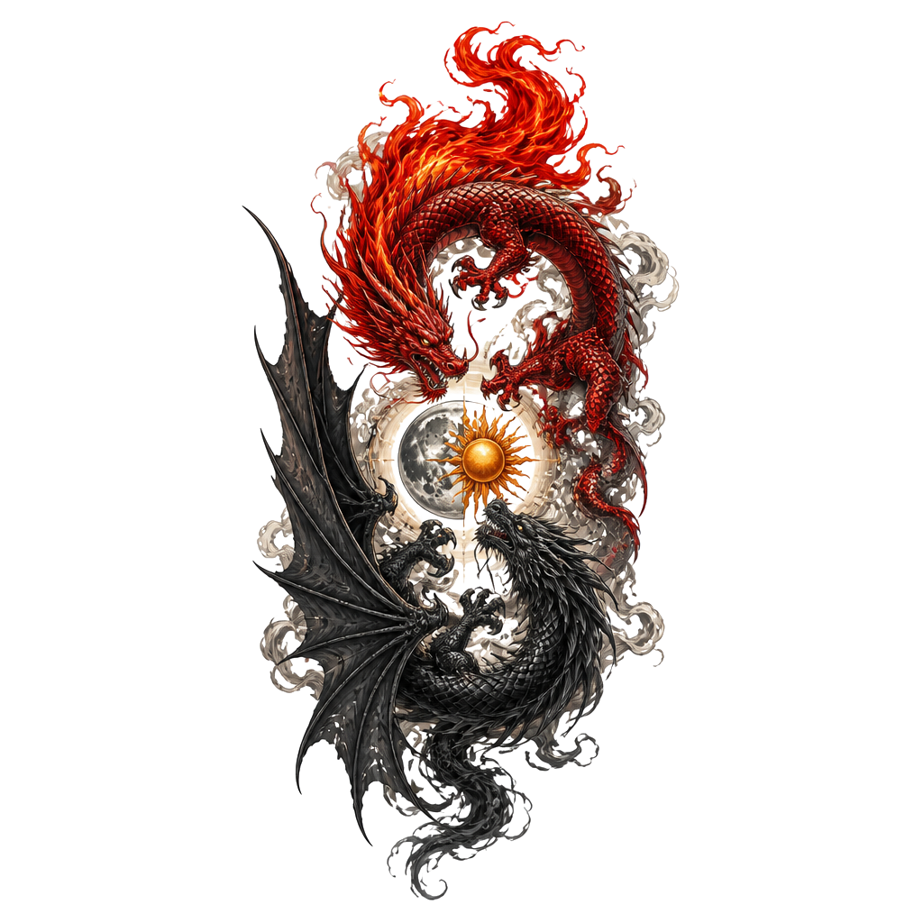 Un dragon rouge avec la queue en flamme et un dragon noir avec des ailes et plus sombre, placé à l’envers comme le ying et le yang qui s’entremêlent avec au milieu des deux dragons une lune et un soleil. Je veux qu’il soit en long et que leurs têtes soit face à face