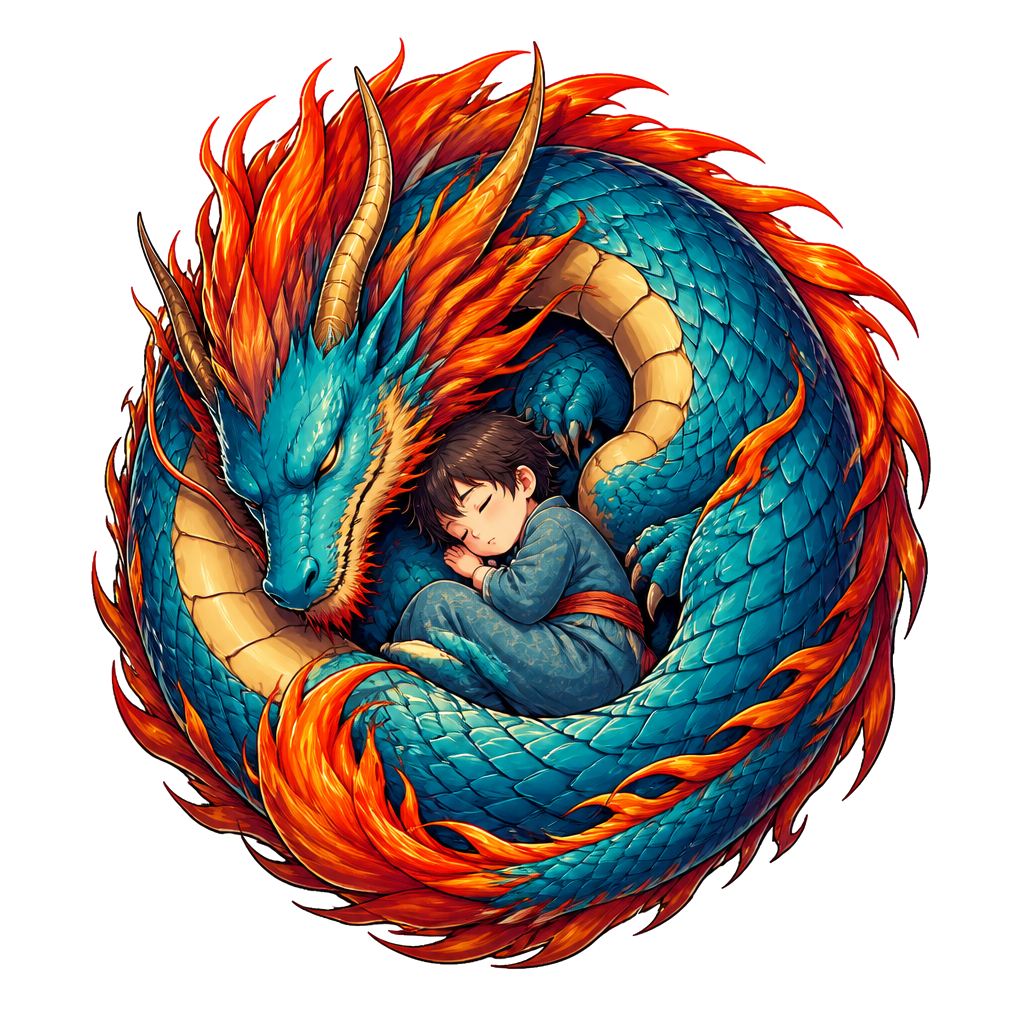 A dragon curled around a sleeping child