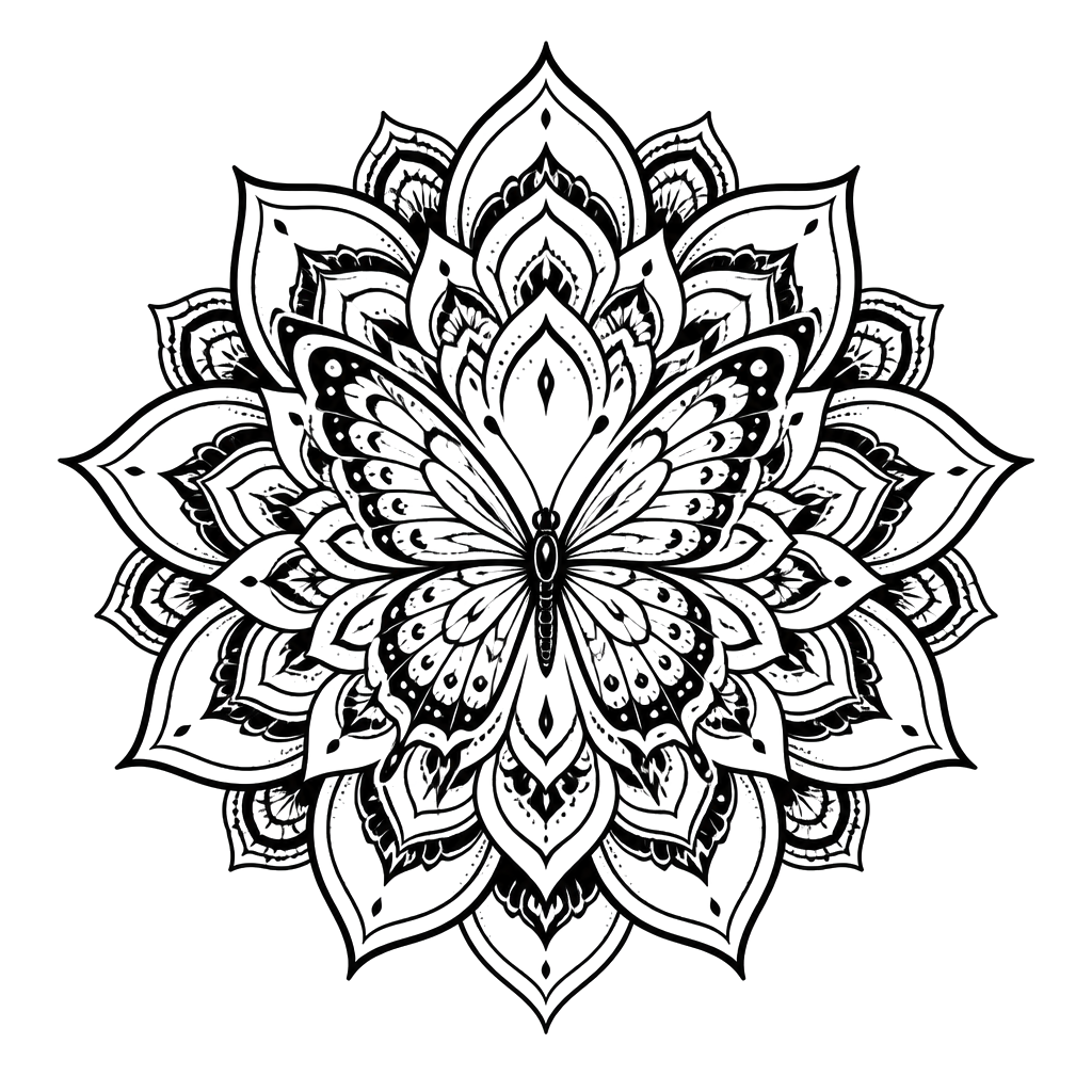 A butterfly whose wings unfold into concentric mandala petals