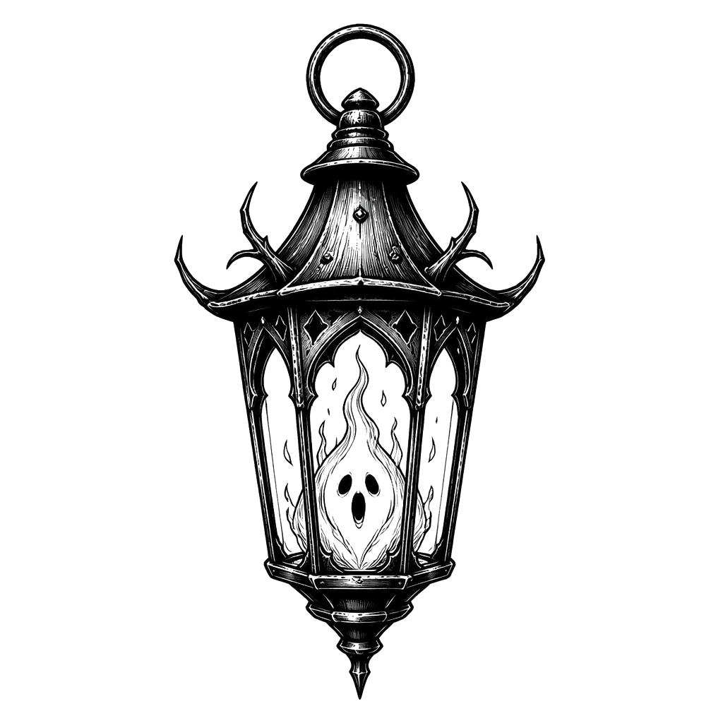 A witch's lantern with a ghostly flame inside
