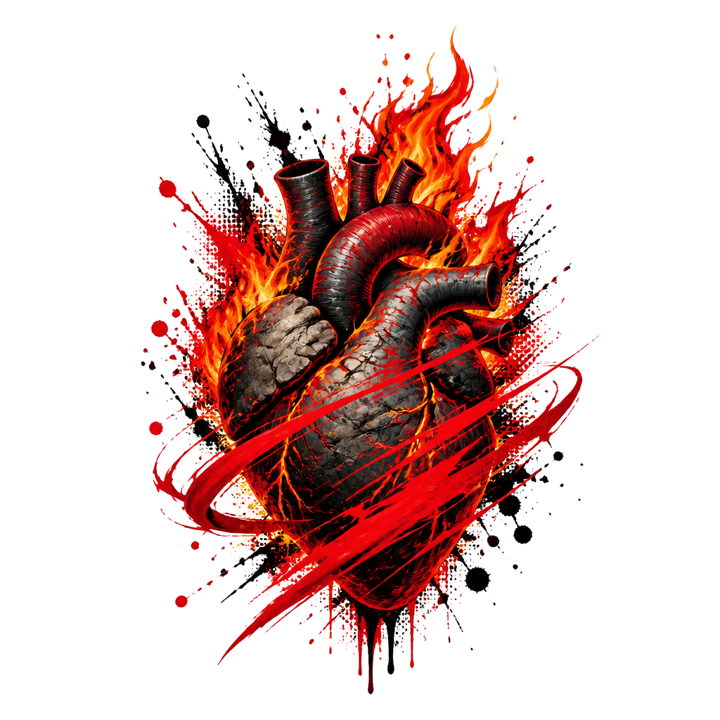 A burning heart wrapped in red streaks
