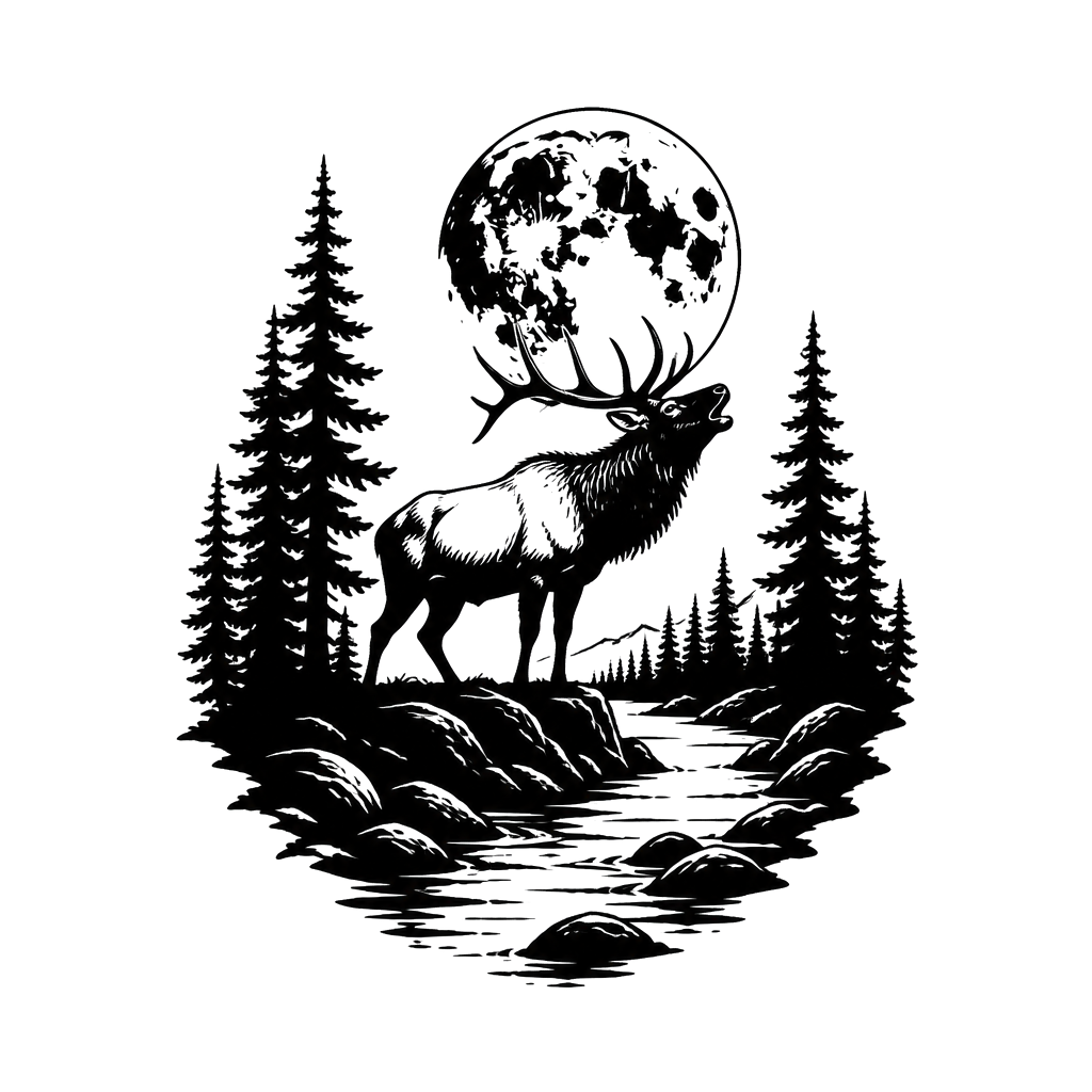 A bull elk in the moonlight with a river and pine trees all black