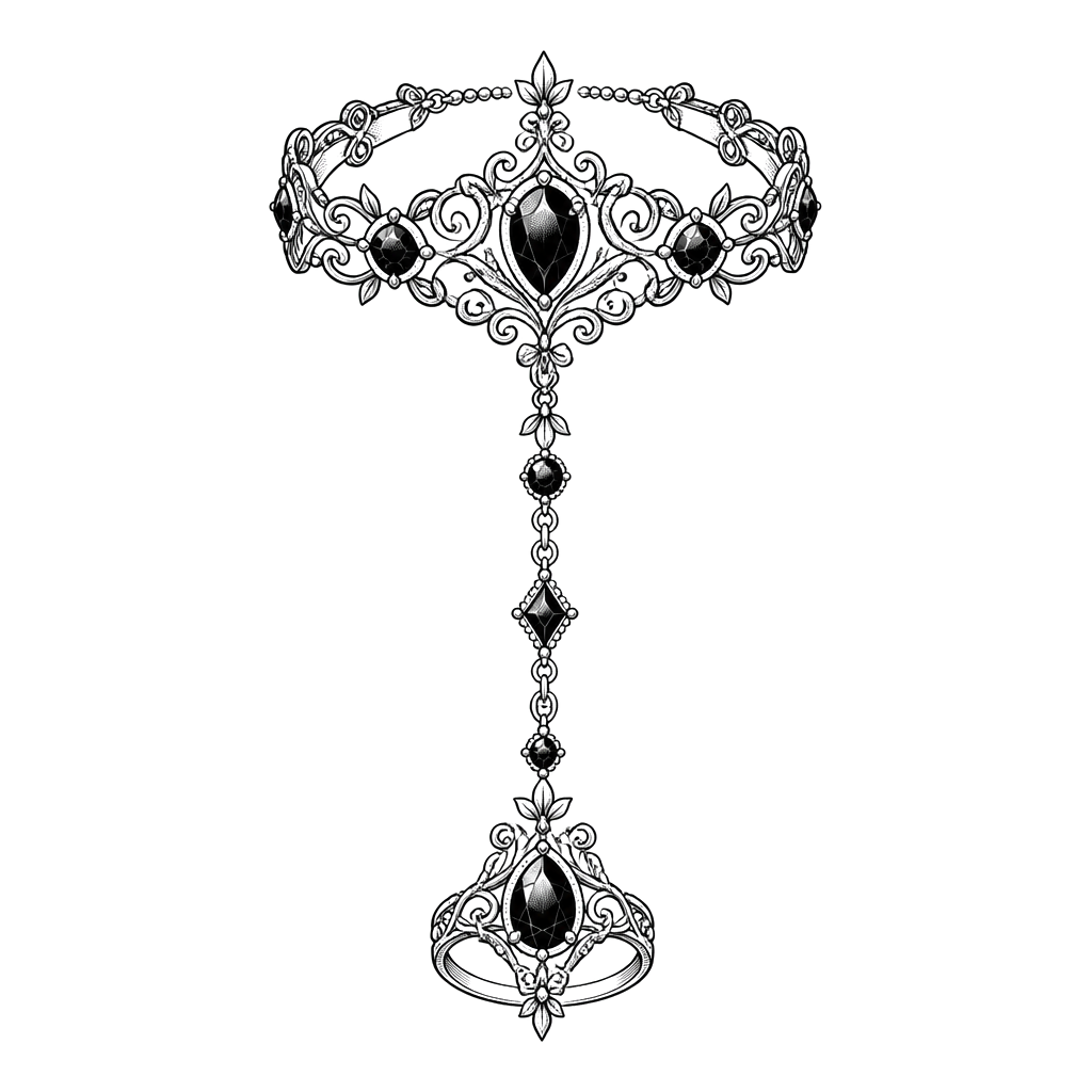 A jeweled chain linking a ring to a bracelet across the back of the hand
