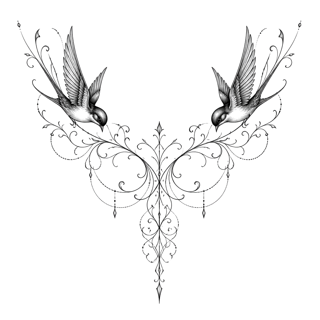 Women’s chest piece with a sparrow on each chest pointing in and downwards. Connect the sparrows with fine line work into ornamental down the chest and between and below breast