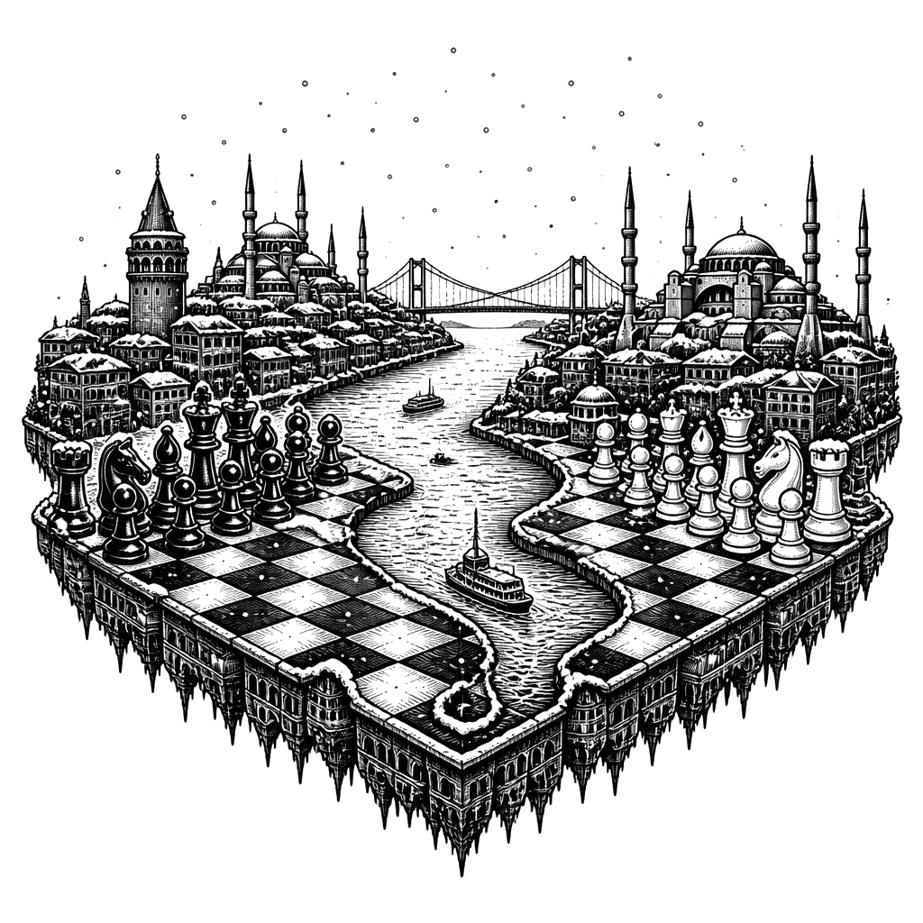 A chessboard forms Istanbul’s skyline beneath falling fresh snow, with the Bosp…