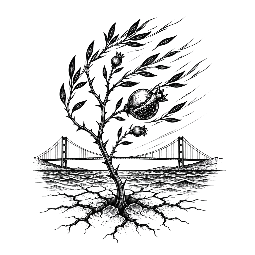 A spring pomegranate sapling rises through cracked earth, its thorned branches swept by fierce wind beneath a distant suspension bridge spanning rippling water.