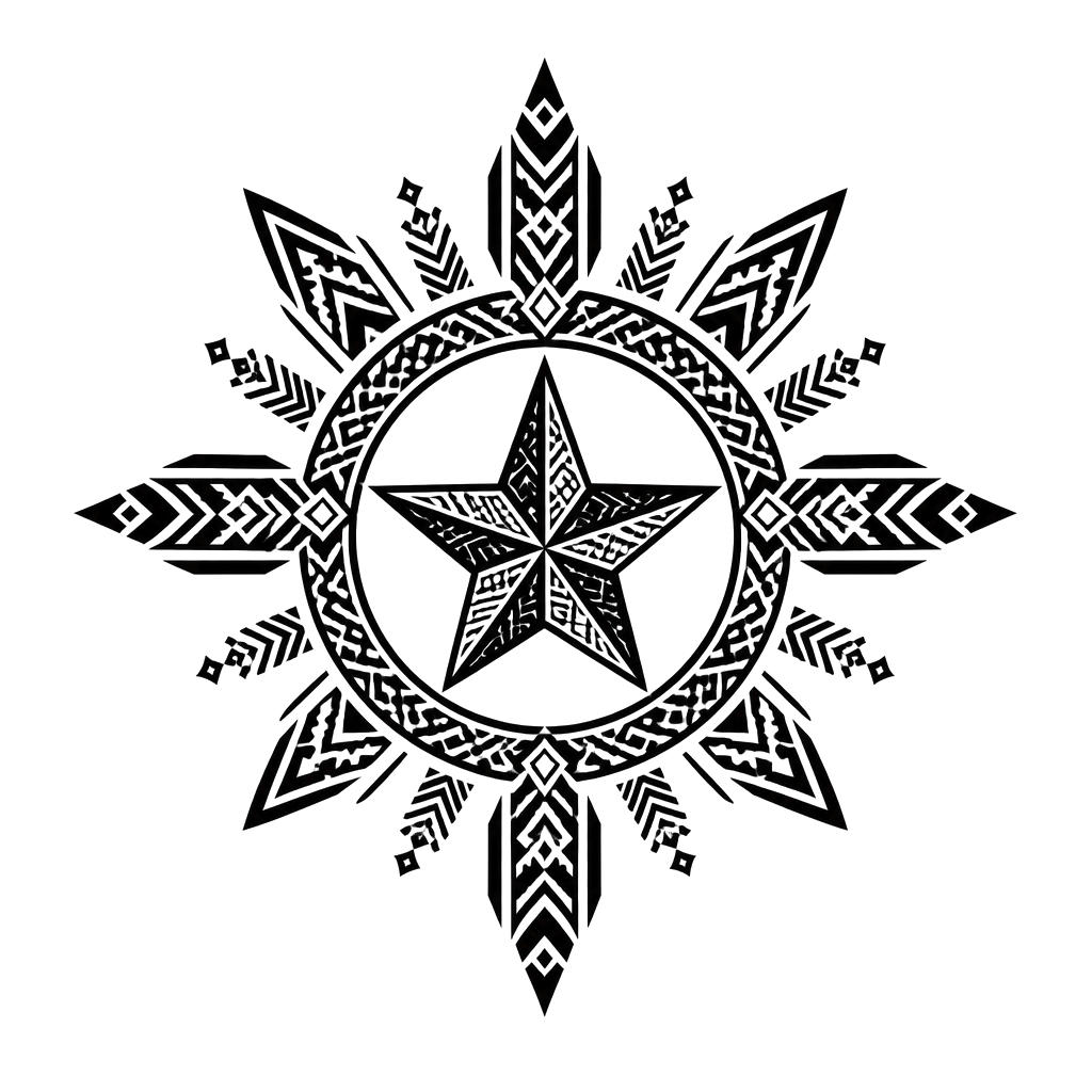 A Philippine tribal-patterned sun encircling a Philippine star, with woven ancestral motifs radiating outward as one unified emblem.