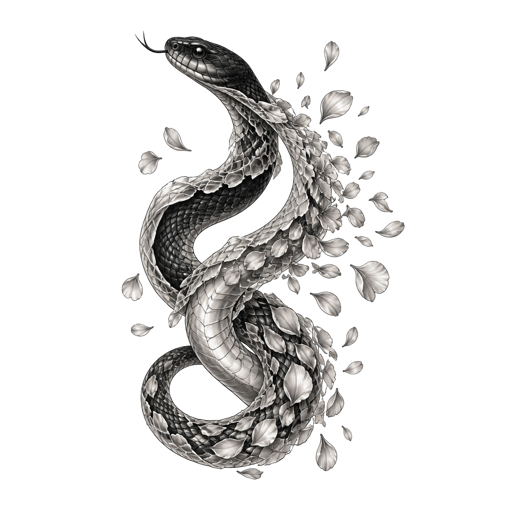 A snake shedding its skin into scattered petals