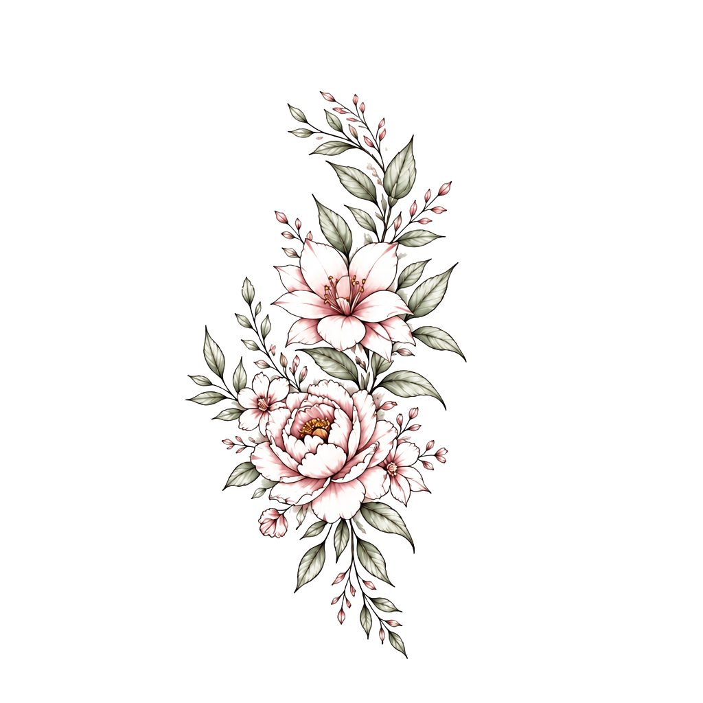 Floral design with flowers in amongst leaves primarily on my left thigh rising slightly to wrap around my hip. Fine line tattoo with light shading