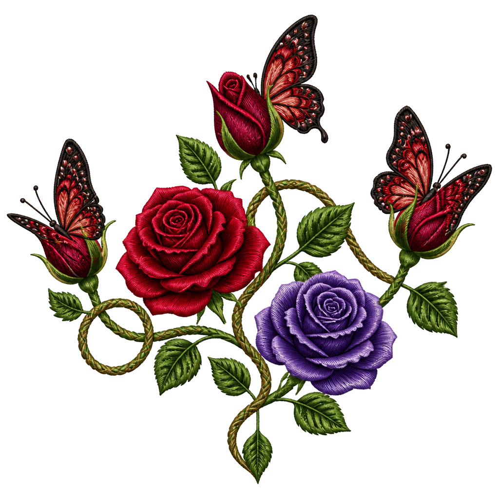 1 rote Rose, 1 geschlossene Rose wo ein Schmetterling entsteht,2 geschlossene Rosen an einen Strang wo aus den geschlossenen Rosen Schmetterlinge entstehen, 1 lila Rose und 1 rote Rose. Alles zusammen mit den Namen Fabian und Dèsirèe verbunden