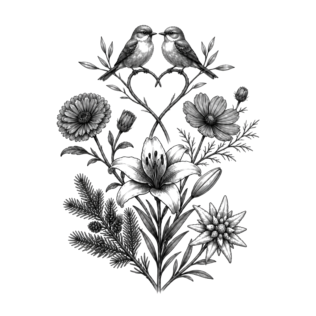 Ich brauche bitte ein Erinnerungs tattoo für meine Mutter. 
Geburtsblume: Ringelblume und die Cosmea (auch Schmuckkörbchen genannt).
Lieblingsblumen: Lilien, alpenvichte und Edelweiß 
Geburtstag 28.10.1937 
Todestag 7.5.2022
Und bitte zwei verbundene Elemente :zwei kleine Vögel

Ein Anfänger wird das tattoo stechen