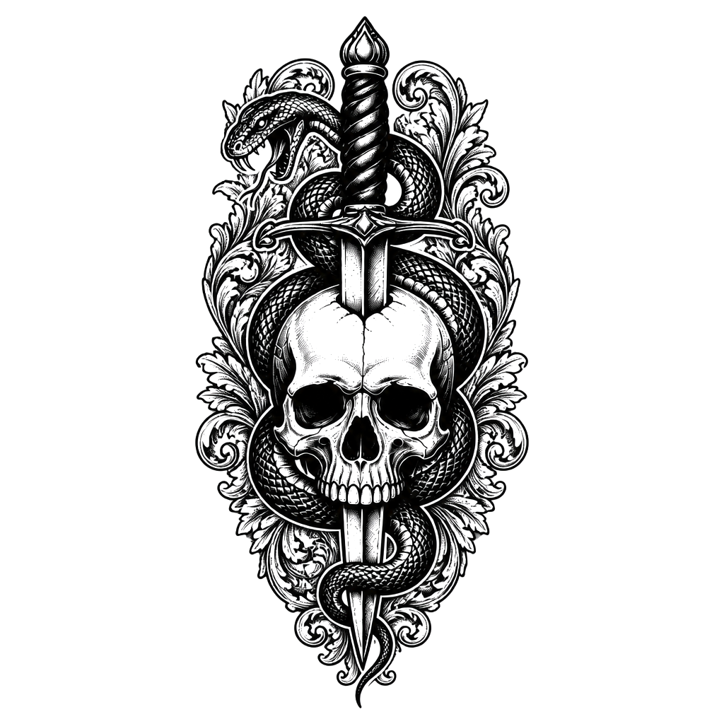 A dagger snake and skull