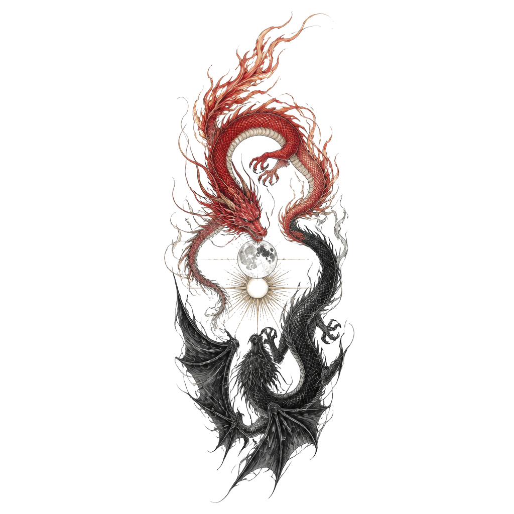 Un dragon rouge avec la queue en flamme et un dragon noir avec des ailes un peu différent et plus sombre, placé à l’envers comme le ying et le yang, avec au milieu des deux dragons une lune et un soleil. Je veux qu’il soit en long et que seul leurs têtes se croise