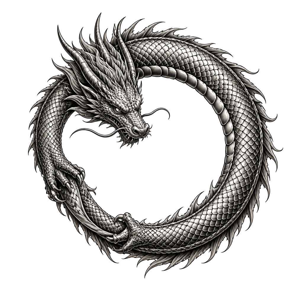 A coiled dragon forming an unbroken circle, its tail held gently in its claws, with a small open space at the center symbolizing inner strength.