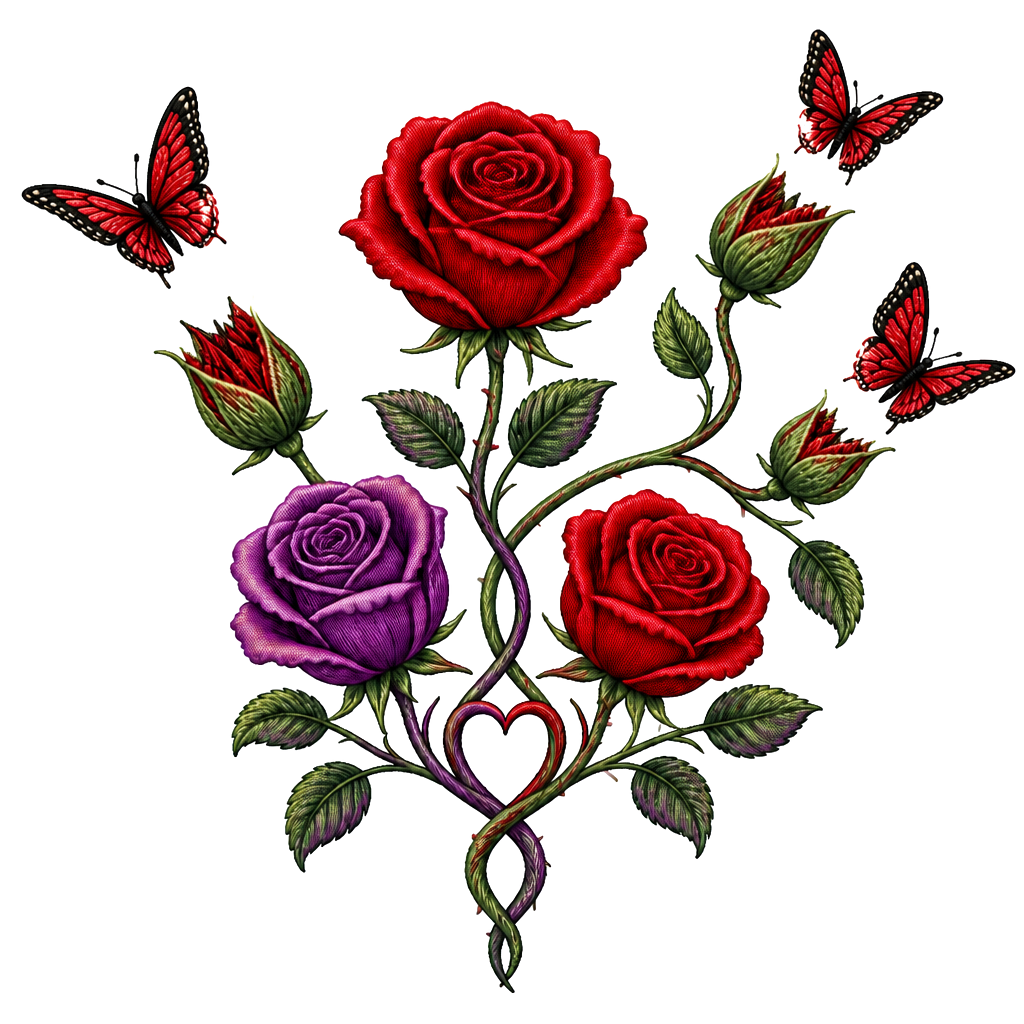 1 rote Rose, 1 geschlossene Rose wo ein Schmetterling entsteht,2 geschlossene Rosen an einen Strang wo aus den geschlossenen Rosen Schmetterlinge entstehen, 1 lila Rose und 1 rote Rose. Alles zusammen mit den Namen Fabian und Dèsirèe verbunden