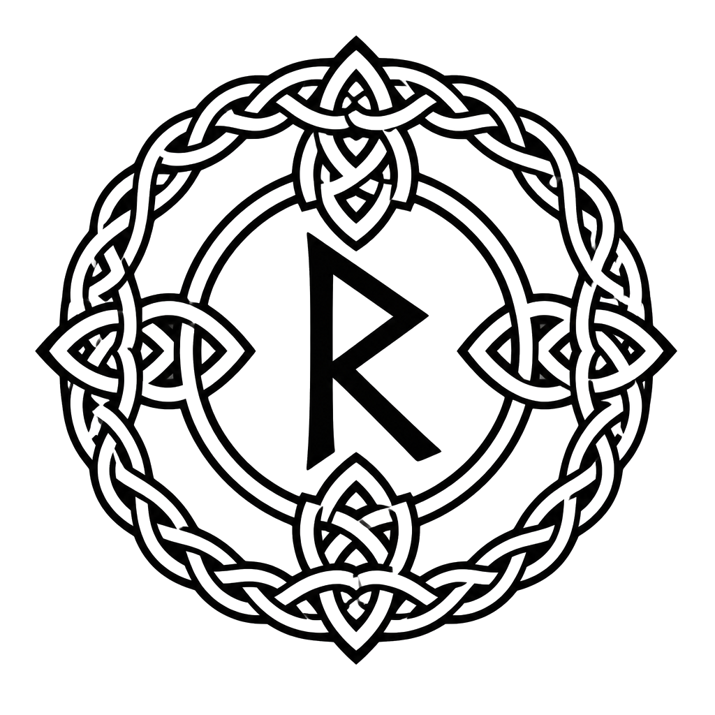 The Raidho rune of the journey framed by a knotwork wheel