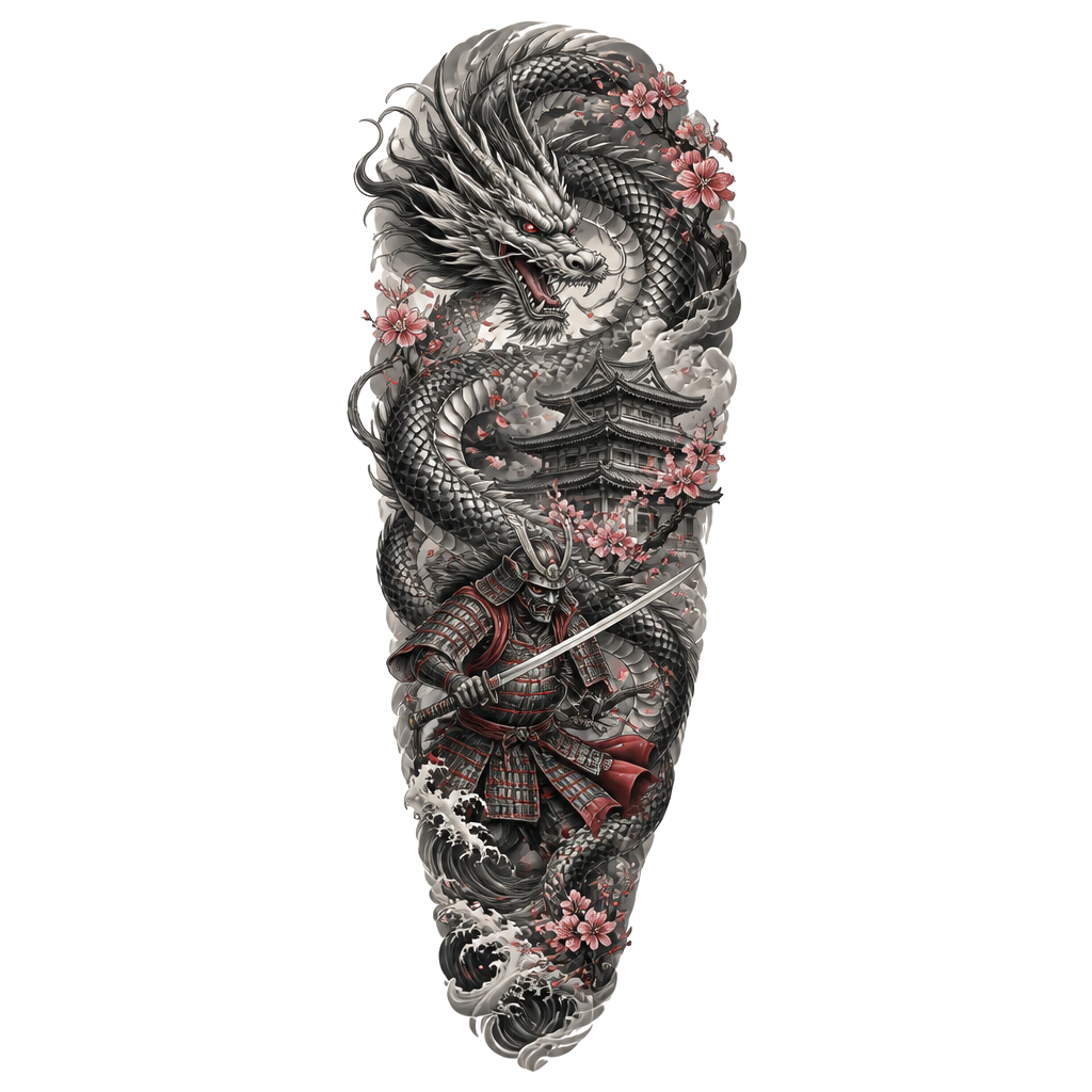 A sleeve tattoo for a man. A Japanese dragon, a warrior, a Japanese building, and some cherry blossoms with a little bit of colour