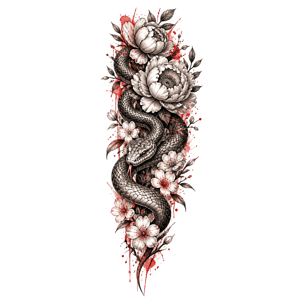 Un tatuaje de flores en la manga con una serpiente en mi antebrazo y algunos detalles de tinta roja