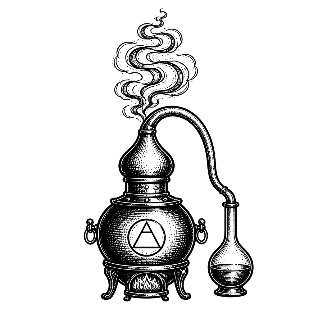 An alchemical alembic still with vapour coiling from its neck