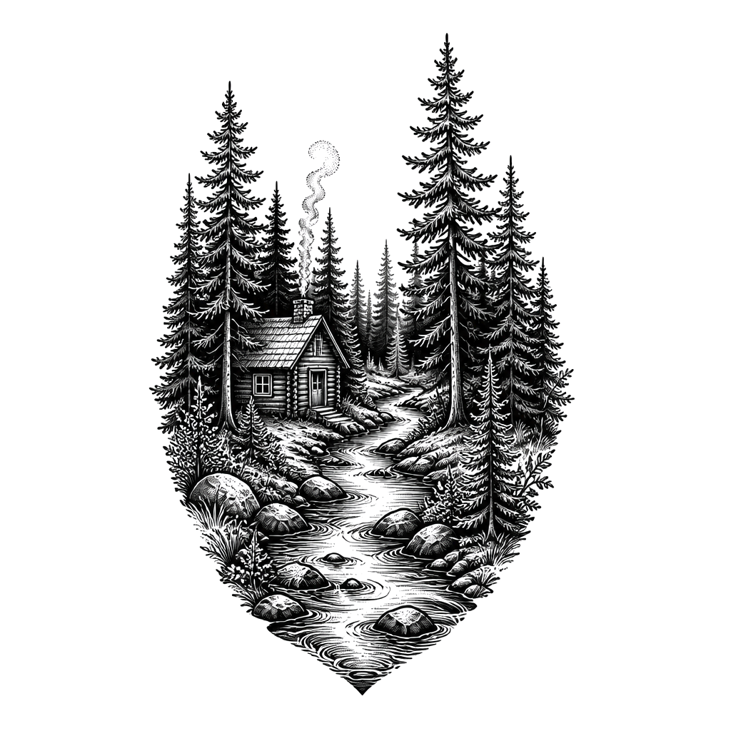 Swedish forest with a little Wood Cabon with a chimney and a little river