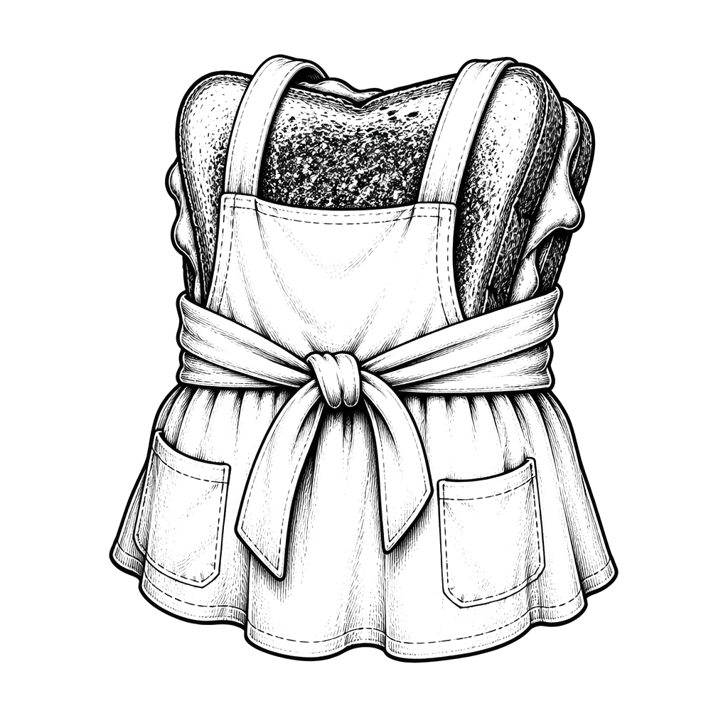 A child-sized school apron wrapped around a toasted sandwich, its tied waist forming both a protective embrace and a constricting knot.