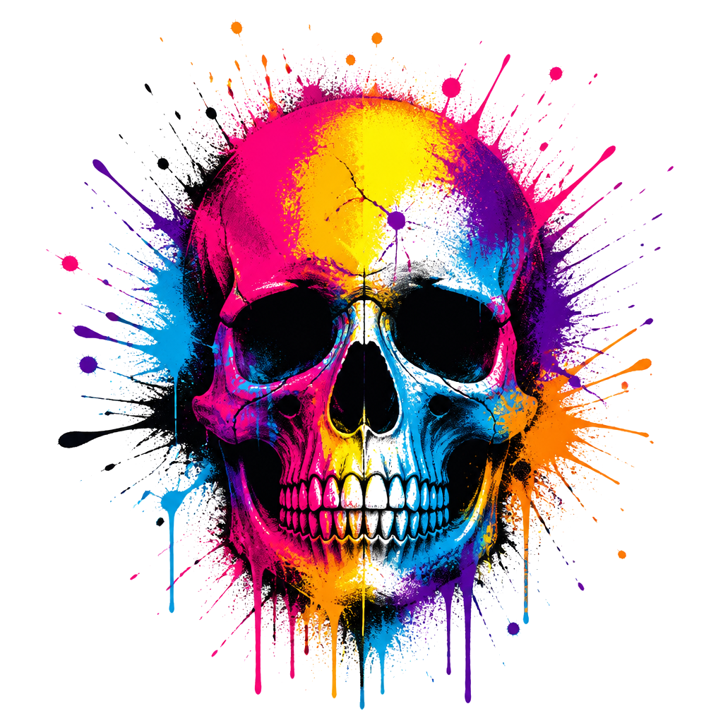 A spray-painted skull in a burst of splatter