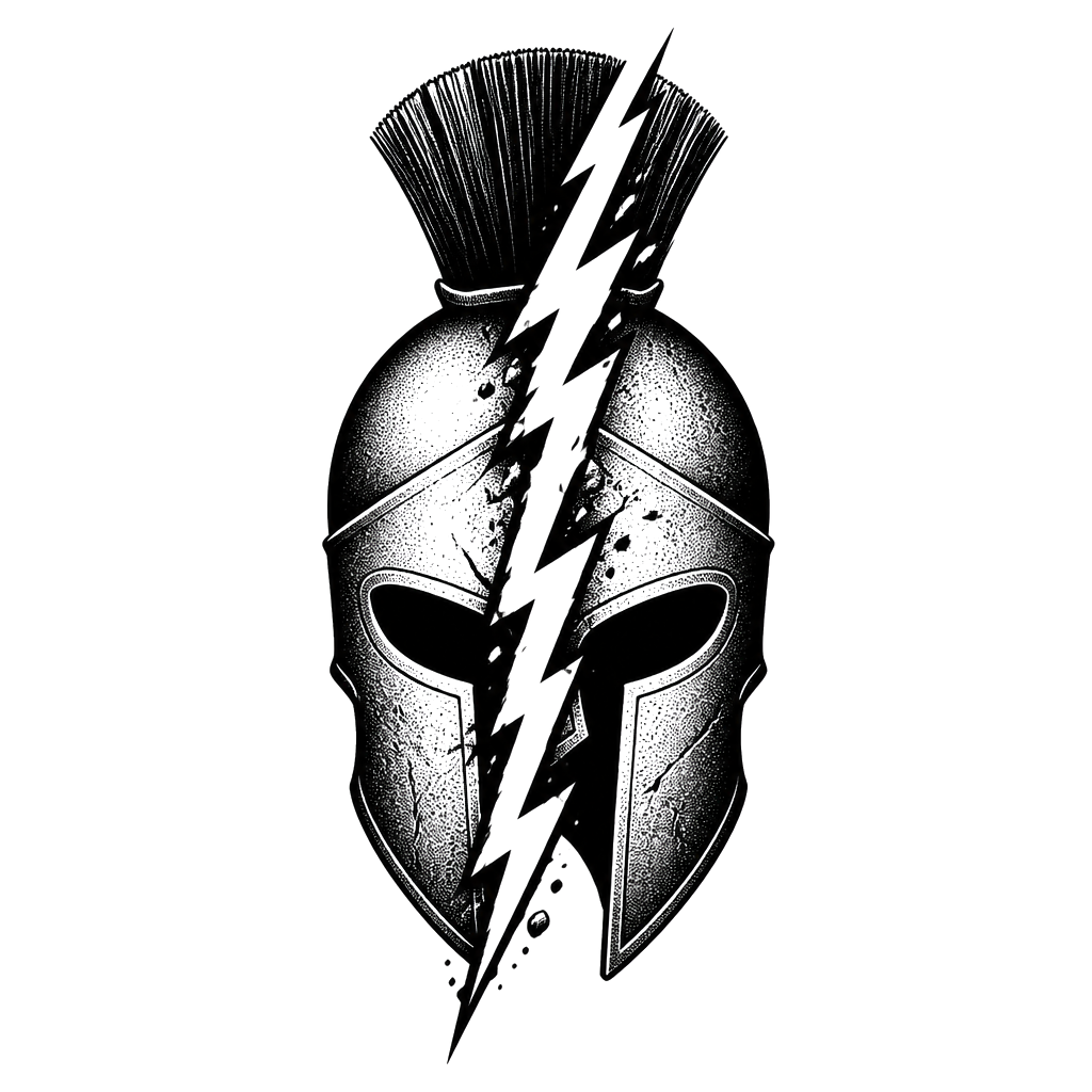 A Spartan helmet cleaved by a lightning bolt