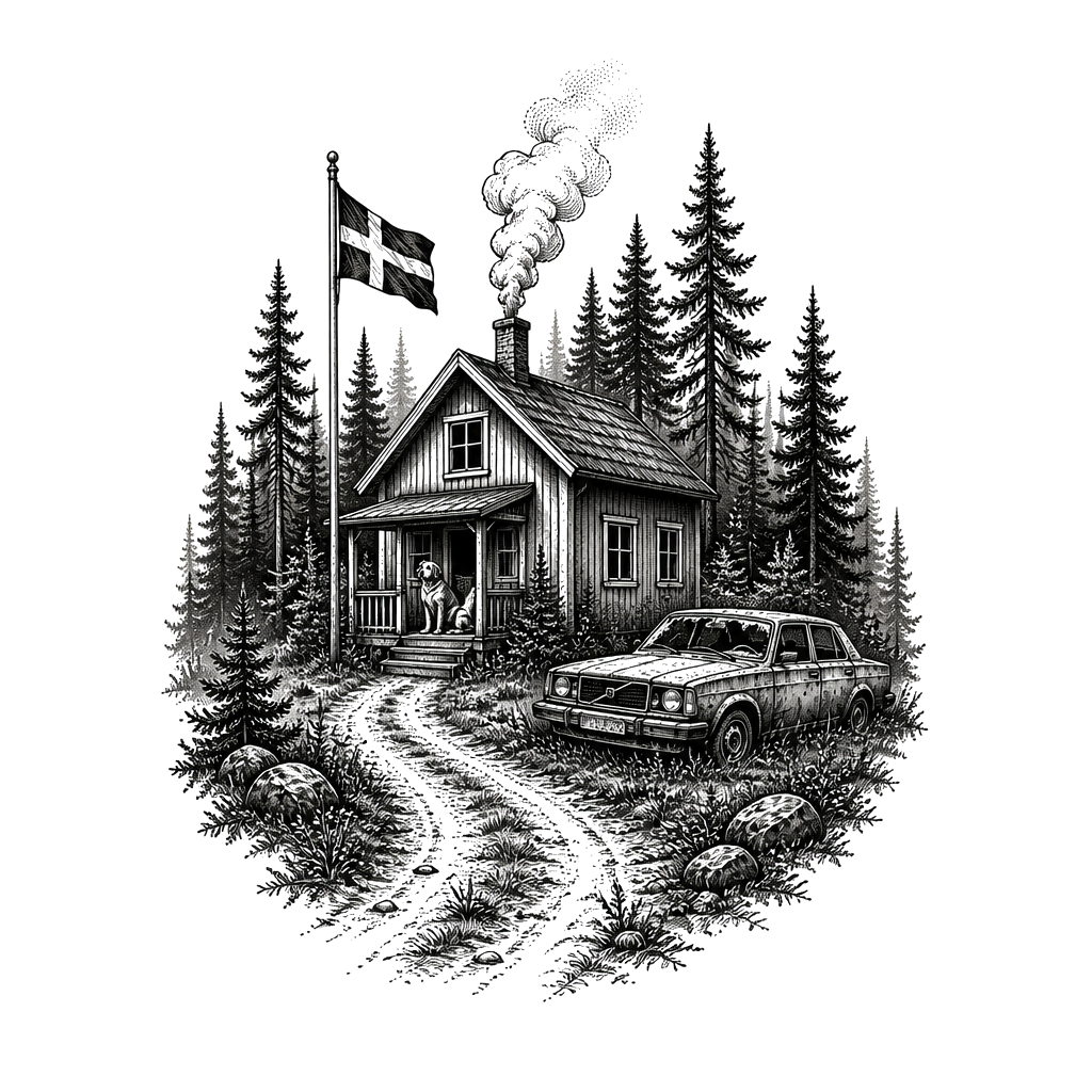 A forest with a house and a old anondoned Volvo next to the house and a flagpole with swedish flag and smoke coming from the chimney and a road coming the house and a dog on the front porch