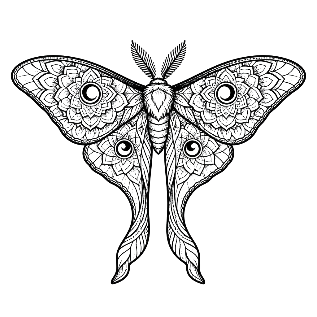 A luna moth with wings of radiating mandala rings