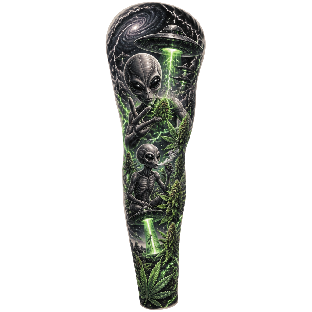 Sleeve tattoo with aliens and lightning and weed