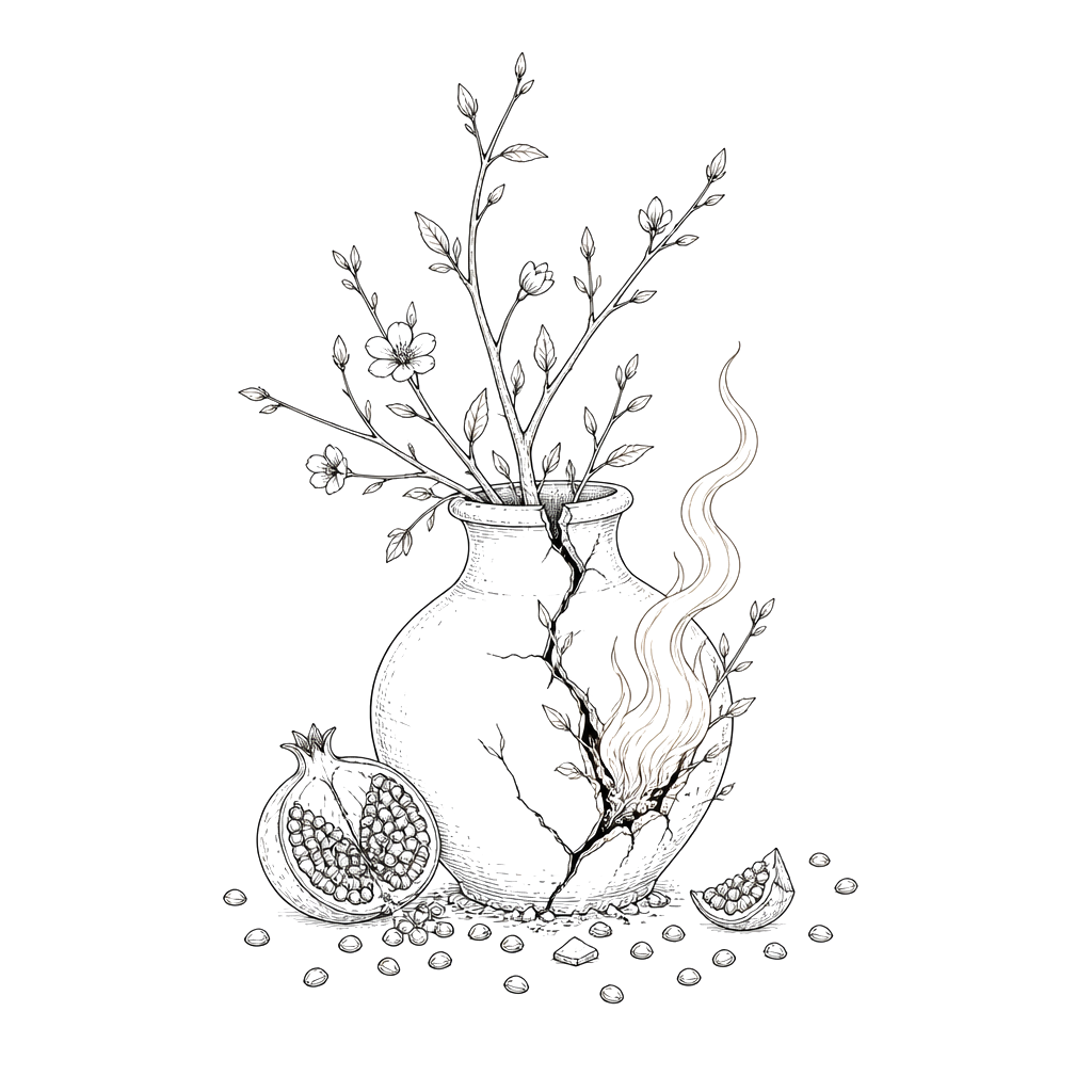 Still life of a cracked earthen vase bursting with spring shoots, scattered pomegranate seeds, and a small flame curling upward like a defiant new beginning.