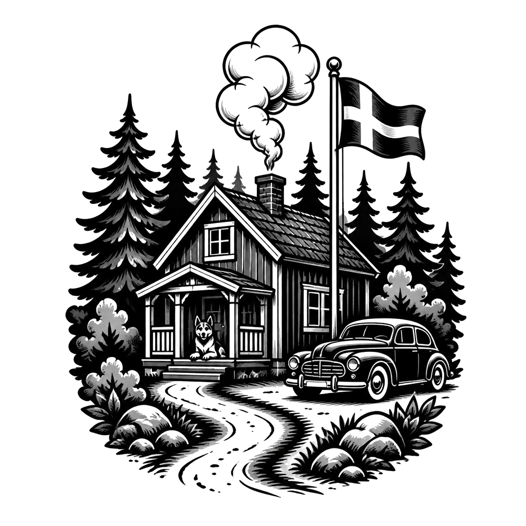 A forest with a house thats typical from swedens Wood and a old car next to the house and a flagpole with swedish flag and smoke coming from the chimney and a road coming the house and a dog on the front porch