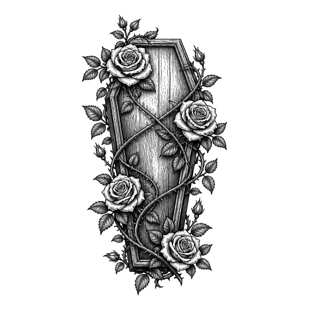 A coffin wrapped in climbing roses