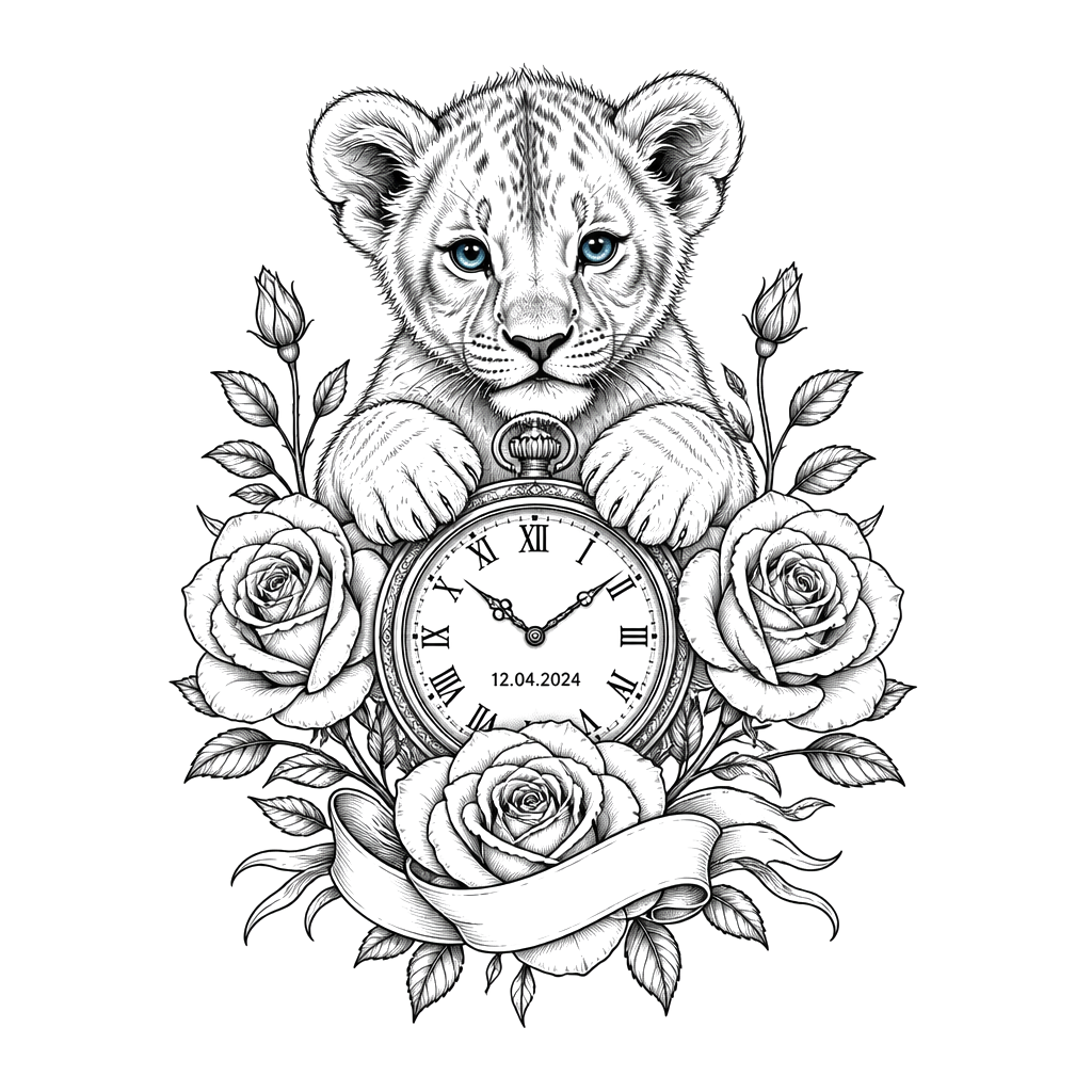 I want a baby lion blue eyes with a clock with a date on it, with  roses with the name Luella on it all in black