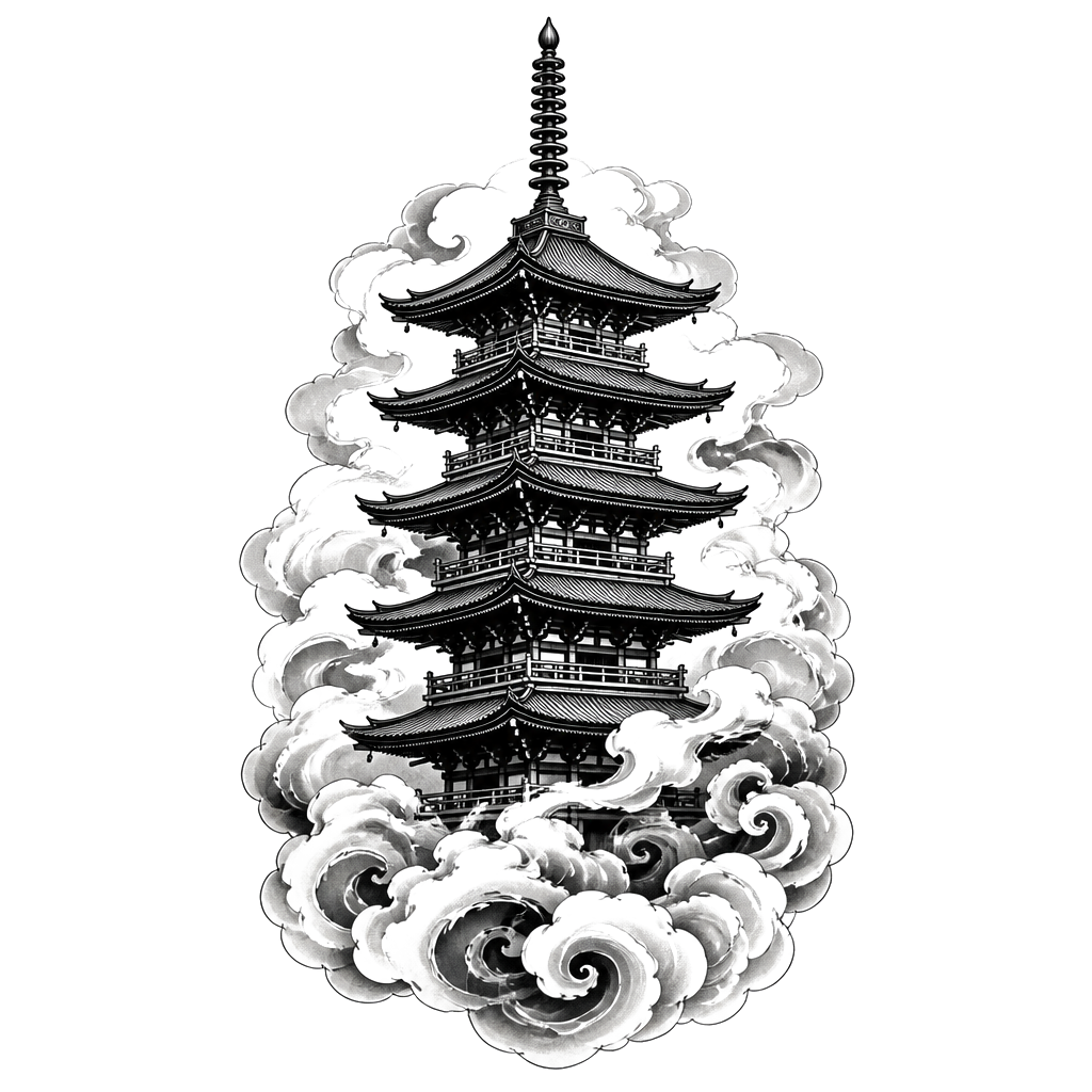A five-story pagoda rising above drifting mist