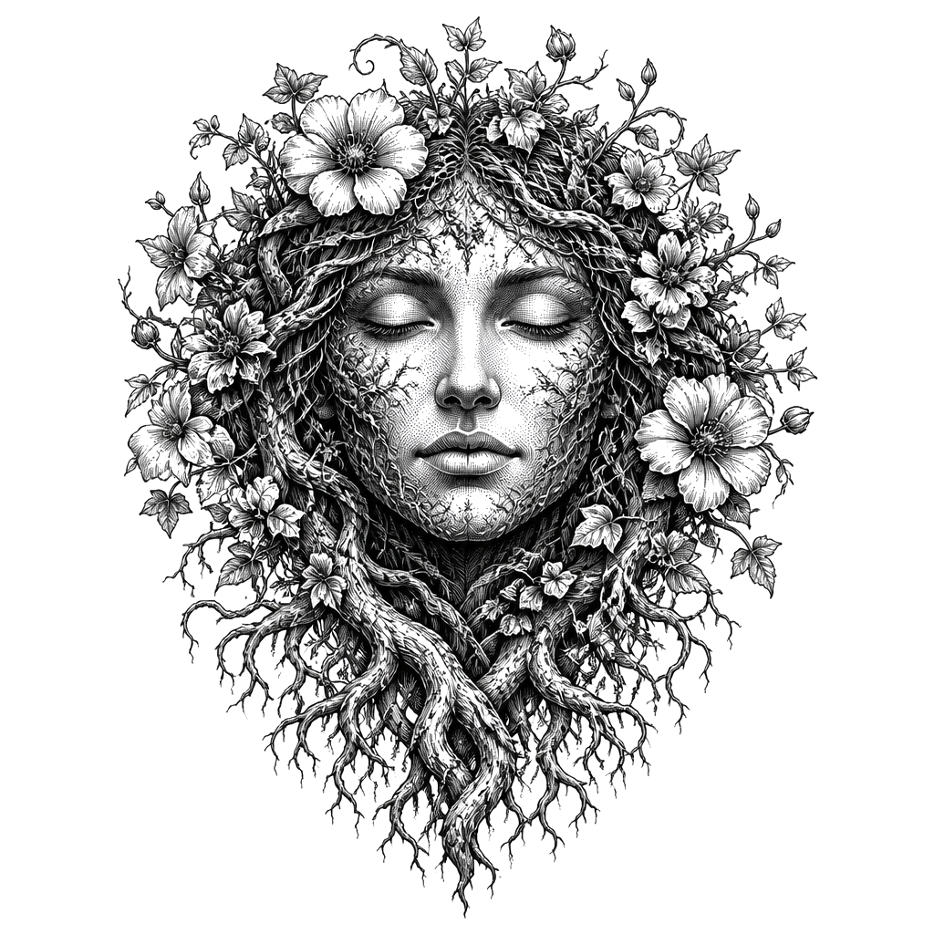 Gaia's face wreathed in roots and blooming vines