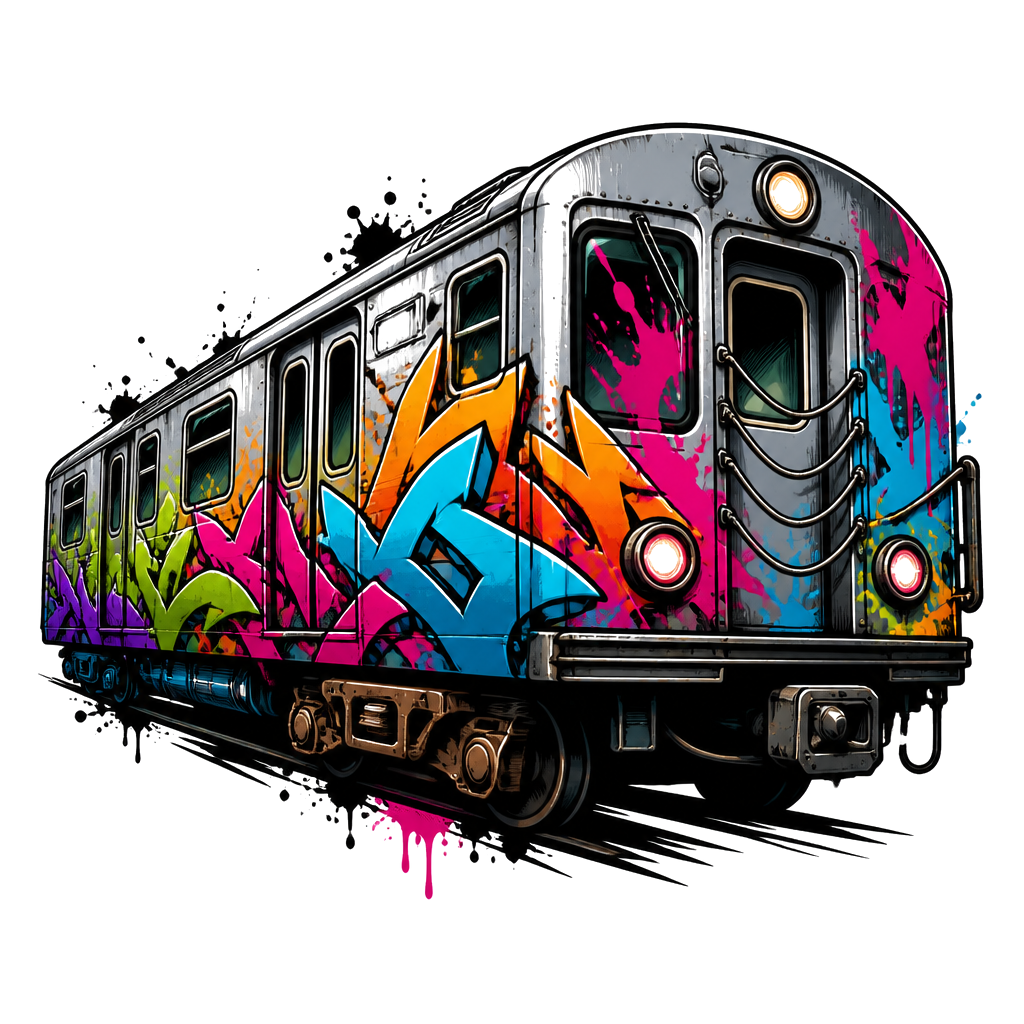 A tagged subway car rolling past