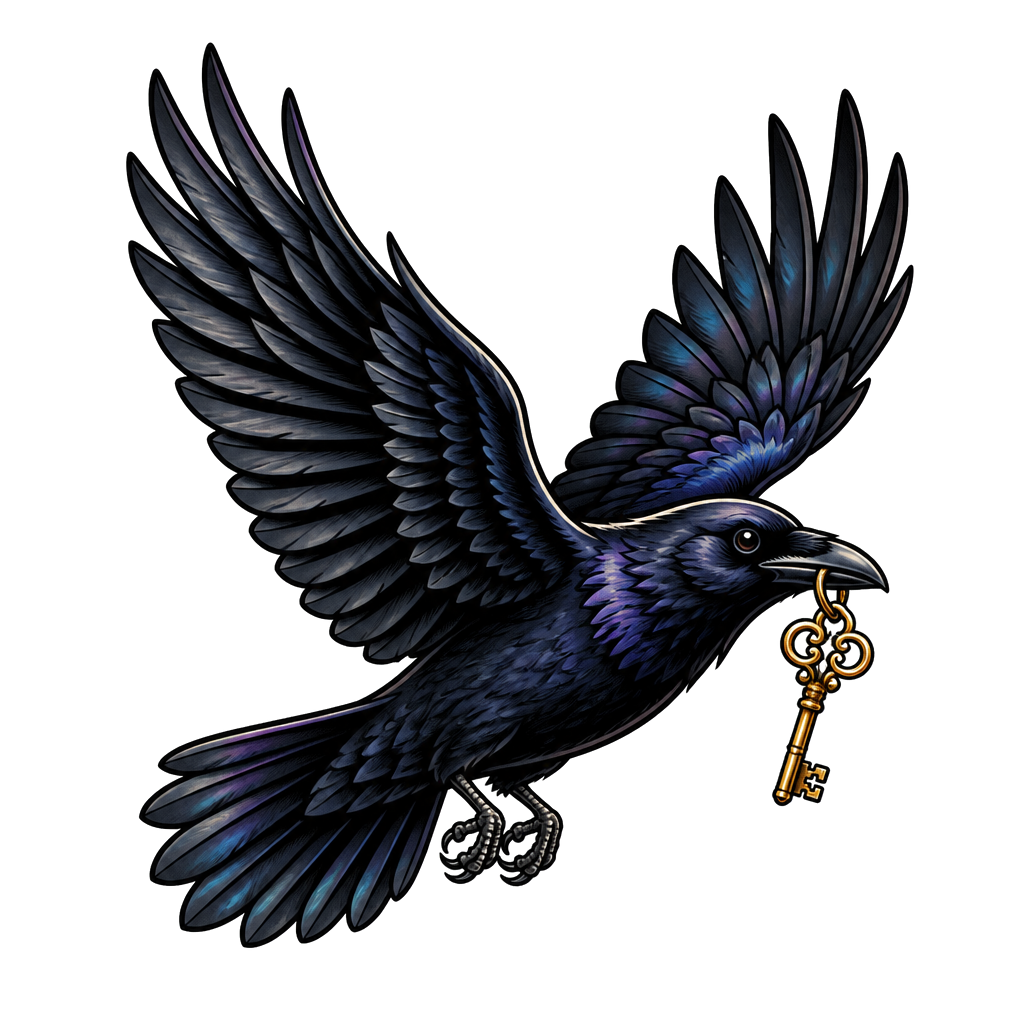 A solitary crow in mid-flight, wings spread wide, carrying a small key in its beak.