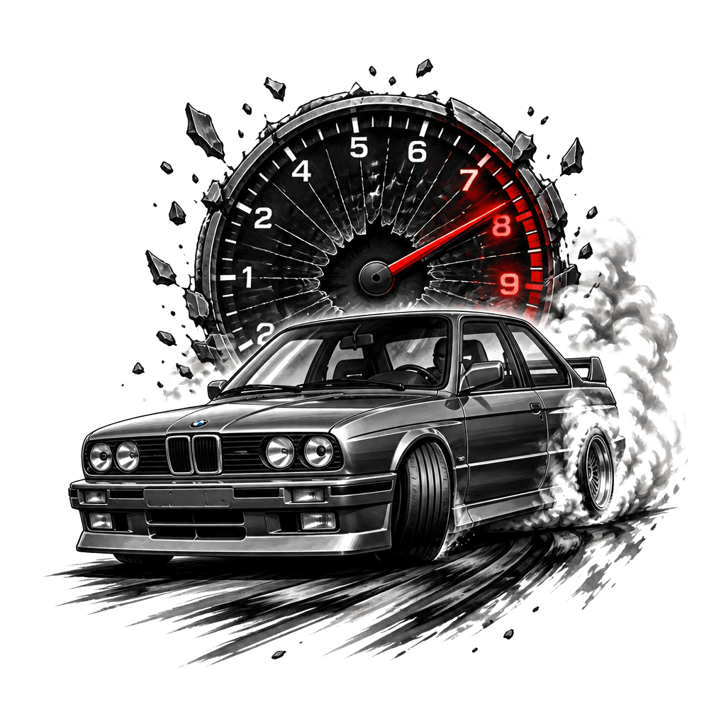 BMW e30 with a is facelift kit while drifting with a rev clock under broken and in the limit redline with the numbers on the revlimiter