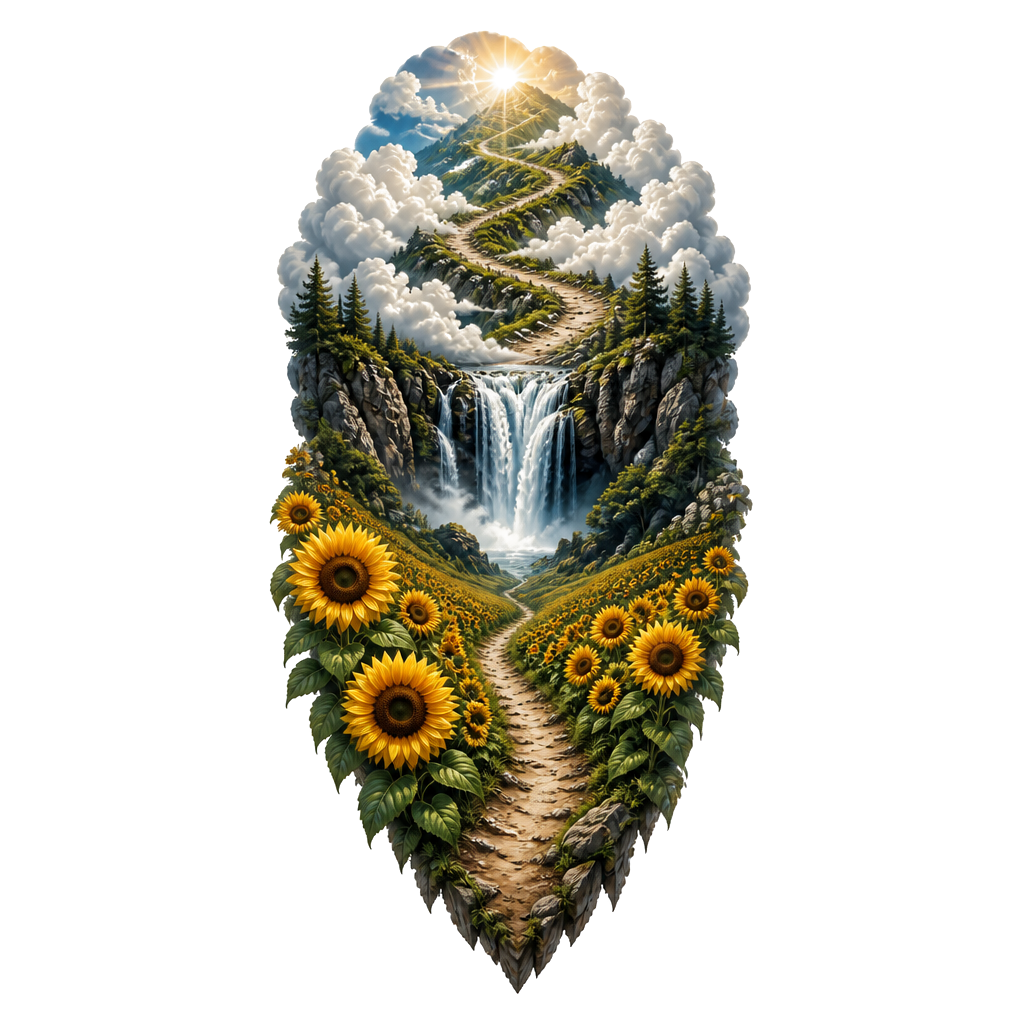 Waterfall with field of sunflowers hiking trail in sky
