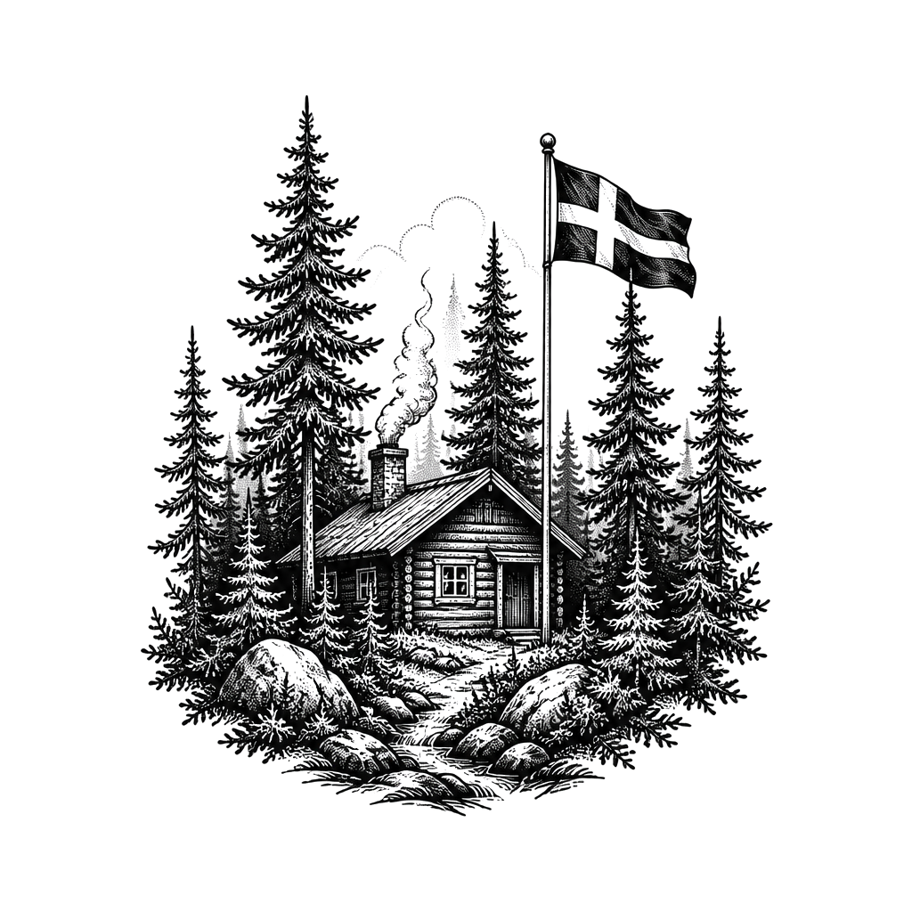 Swedish forest with a little Wood Cabon with a chimney and a flagpole with swedish flag