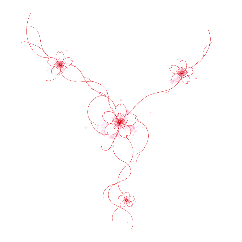 Cherry blossom with vine like leaves/vines, on right shoulder back and front in red ink