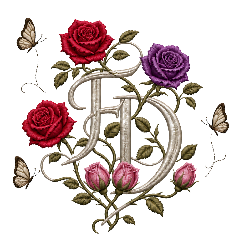 Buchstaben F und D ineinandergeschlungen. Mit 3 offenen Rosen (Bryan, Amy,Lucas) und 2 zusammenverbundene geschlossene Rosen ( (13.10.2011) mit 2 wegfliegenden Schmetterlingen sowie 1 geschlossene Rose (04.11.2010) mit 1 wegfliegenden Schmetterling. Es soll alles miteinander verbunden sein