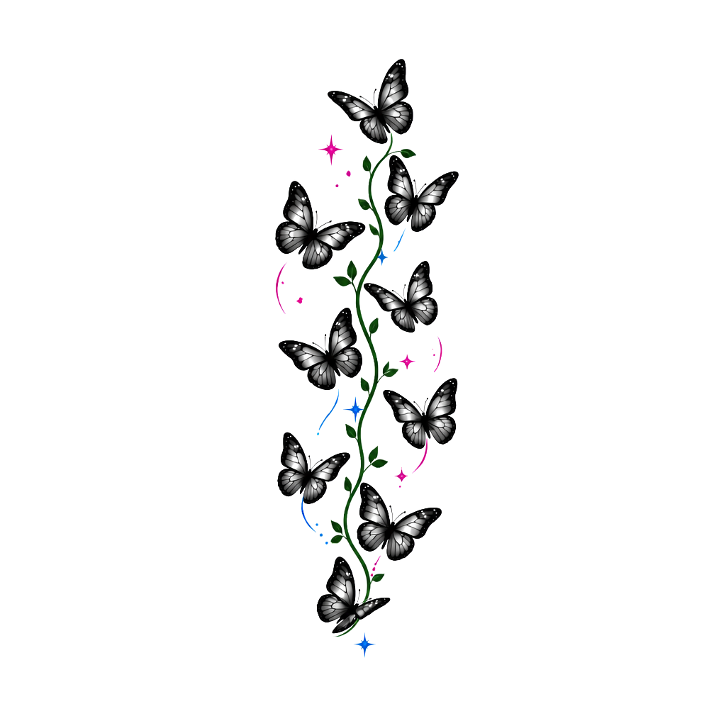 Draw me a tattoo with nine small butterflies, and five of them being pink and four of them being blue. These will need to go small because they are going on a females upper arm.
