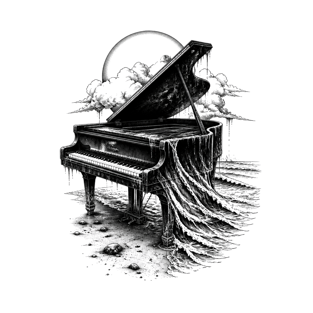 A grand piano washed up on an empty shore