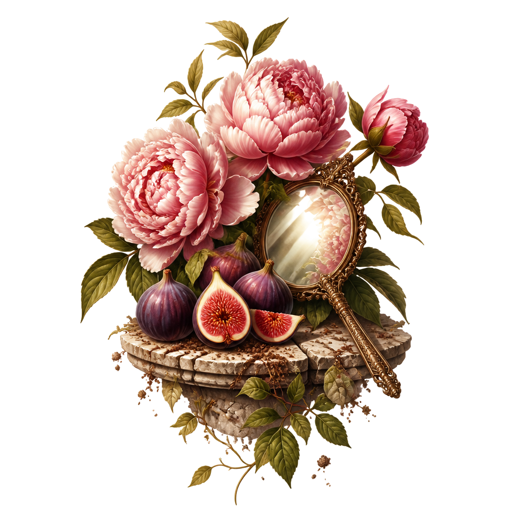 A sunlit still life of peonies, ripe figs, and a hand mirror on a stone ledge, framed by emerging leaves and softly scattered soil.