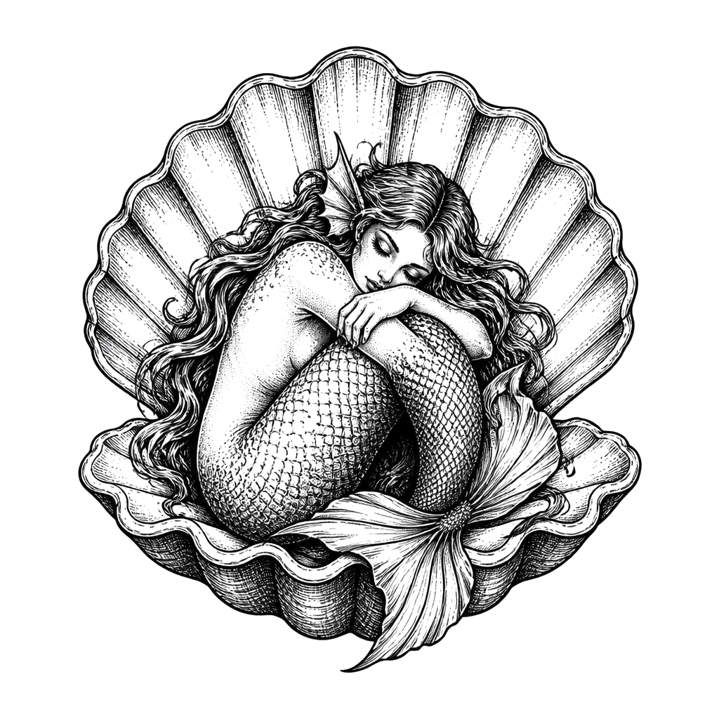A siren curled inside a giant open clam shell