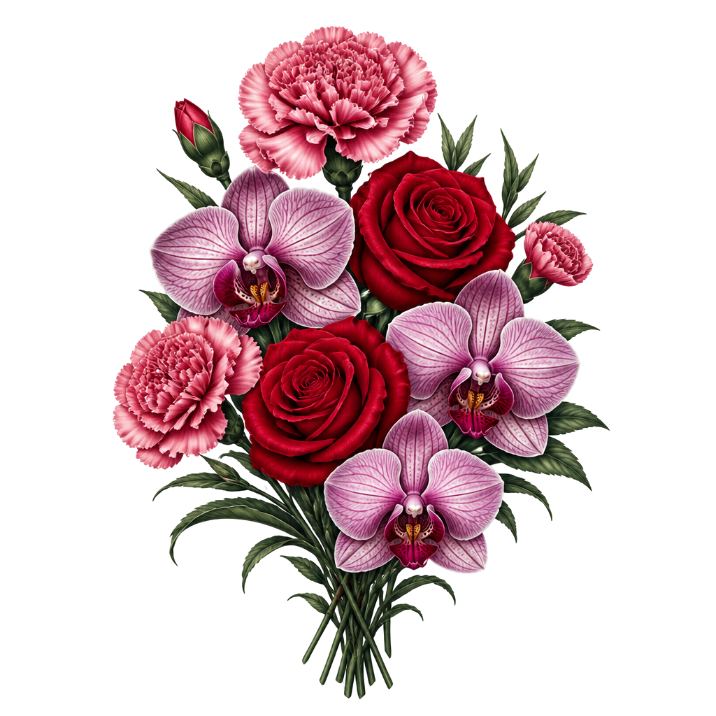 a bouquet of carnations, orchids, and roses