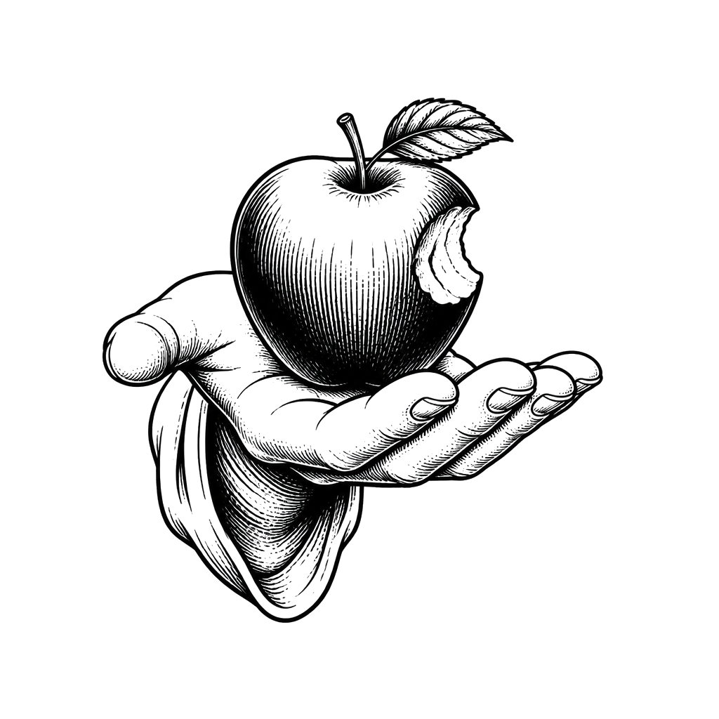 A hand offering an apple with one bite taken