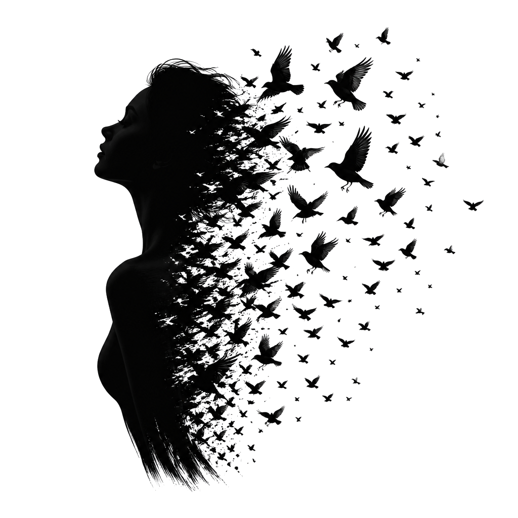 A woman's silhouette dissolving into a flock of starlings